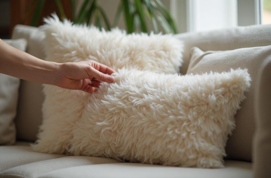 Plush feather-filled cushions being plumped on a sofa