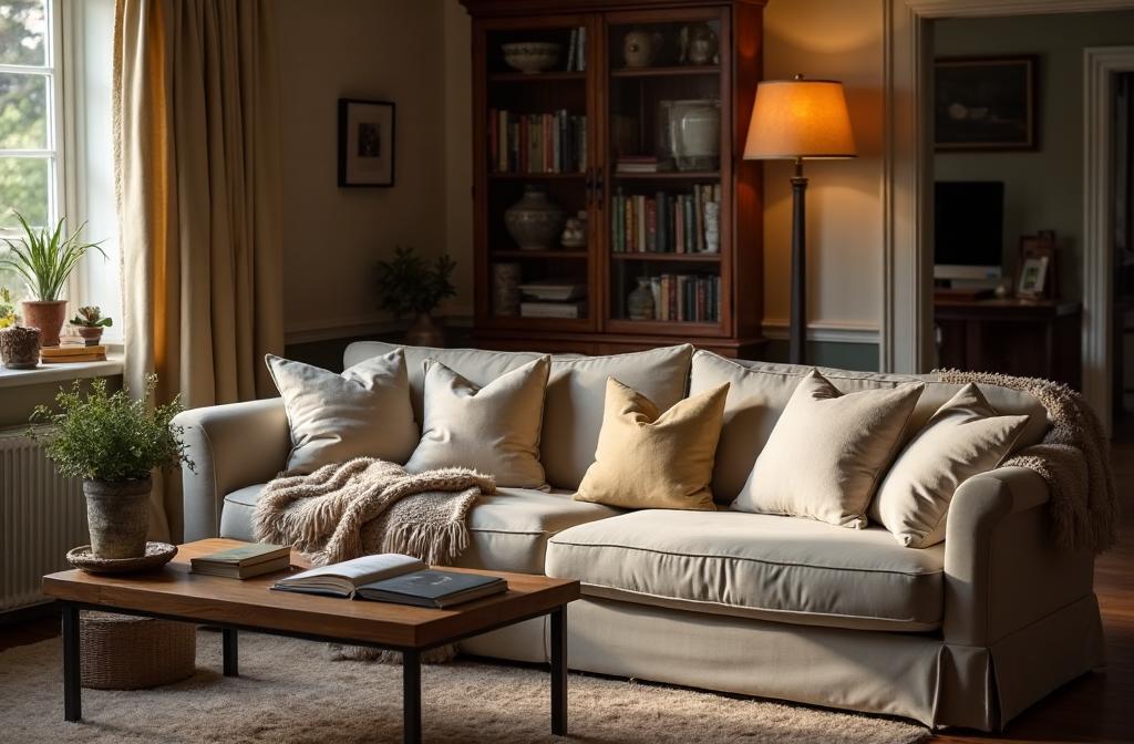 A deep-seated family sofa with slouchy cushions and cosy throws