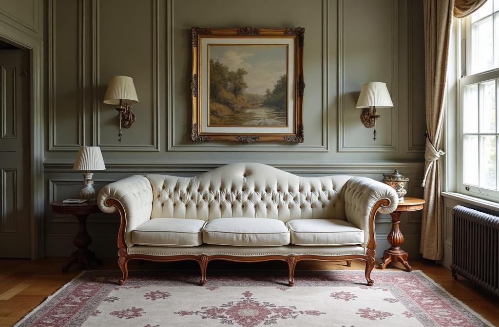 A classic tufted sofa with turned legs in a period property sitting room