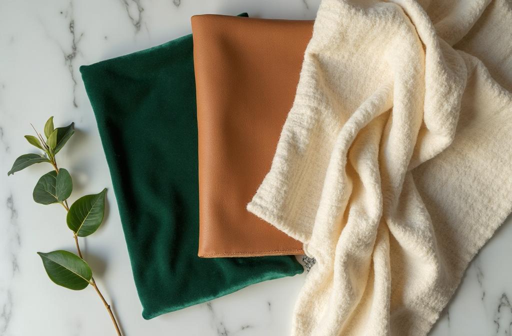 Luxury fabric samples including velvet, leather, and bouclé wool